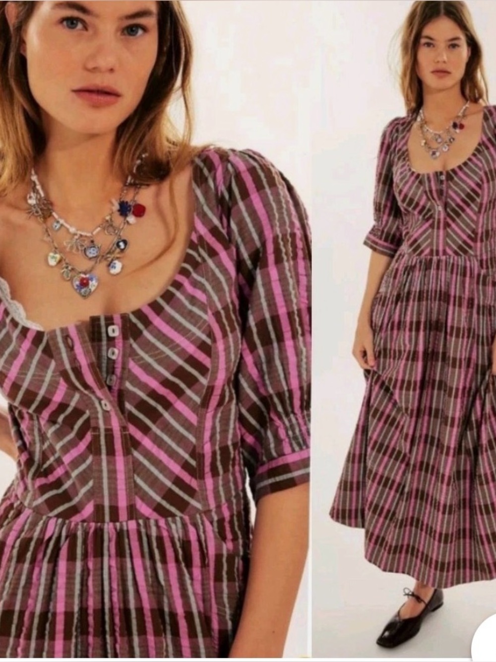 Free People Tulie Plaid Cotton Puffy Sleeve Boho Western Maxi Dress Size M Brown